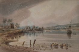 DAVID COX (1785-1859) WATERCOLOUR DRAWING Lake scene Signed 10 ½"" x 16"" (26.6cm x 40.5cm)