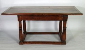 ANTIQUE AND LATER COMPOSITE OAK REFECTORY TABLE, the heavy oblong three plank top above a moulded