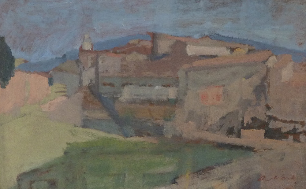 HARRY RUTHERFORD (1903-1985) OIL PAINTING ON BOARD  French hill village  12"" x 18 3/4"" (30.5cm x