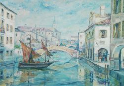 MANTOVANI (Twentieth century Italian School) OIL PAINTING ON CANVAS LAID ON BOARD Venetian canal