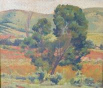 SYBELLA STILES (1912-2003) OIL ON CANVAS BOARD Landscape with trees Signed 14"" x 16"" (35.5cm x