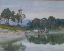 F. J KNOWLES WATERCOLOUR DRAWING River landscape with cattle Signed  8 ½"" x 11"" (21.5cm x 28cm)