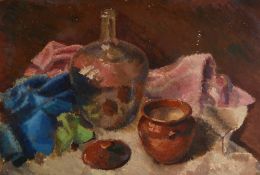 NORMAN JAQUES (1922 - 2014) OIL PAINTING ON CANVAS LAID DOWN Still life with glass bottle and