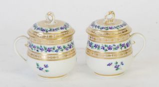 PAIR OF LATE EIGHTEENTH CENTURY DERBY PUCE MARK PORCELAIN COVERED CHOCOLATE CUPS, each enamelled