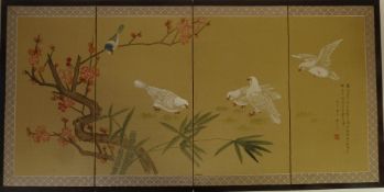 A TWENTIETH CENTURY CHINESE FOUR FOLD INK AND WATERCOLOUR ON SILK SCREEN, depicting four white