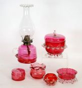 SIX PIECES OF NINETEENTH CENTURY AND LATER CRANBERRY GLASS, comprising; OIL TABLE LAMP with clear