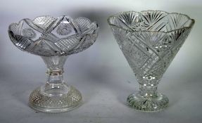 CUT GLASS TWO PART TABLE CENTRE FRUIT BOWL, of shallow form with petal shaped rim, knopped stem and