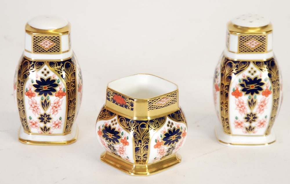 THREE PIECE MODERN ROYAL CROWN DERBY `OLD IMARI` CHINA CONDIMENT SET of square, chamfered form,