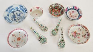 THREE POSSIBLY EIGHTEENTH CENTURY CHINESE FAMILLE VERTE PORCELAIN SPOONS, with floral decoration,