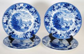 SET OF FOUR NINETEENTH CENTURY WEDGWOOD BLUE AND WHITE POTTERY PLATES, printed with Halinette lake