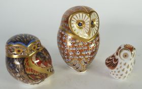 THREE ROYAL CROWN DERBY CHINA PAPERWEIGHTS, OWLET (2008) AND AN OWL (2000), with gold stoppers AND