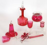 SEVEN PIECES OF NINETEENTH CENTURY AND LATER CRANBERRY GLASS comprising ; CLARET  JUG with clear