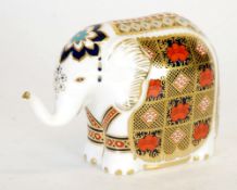 MODERN ROYAL CROWN DERBY CEREMONIAL ELEPHANT PATTERN IMARI CHINA PAPERWEIGHT WITH GILT STOPPER, 4