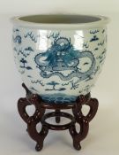 A TWENTIETH CENTURY CHINESE PORCELAIN FISH BOWL, painted in underglaze blue with three coiled five