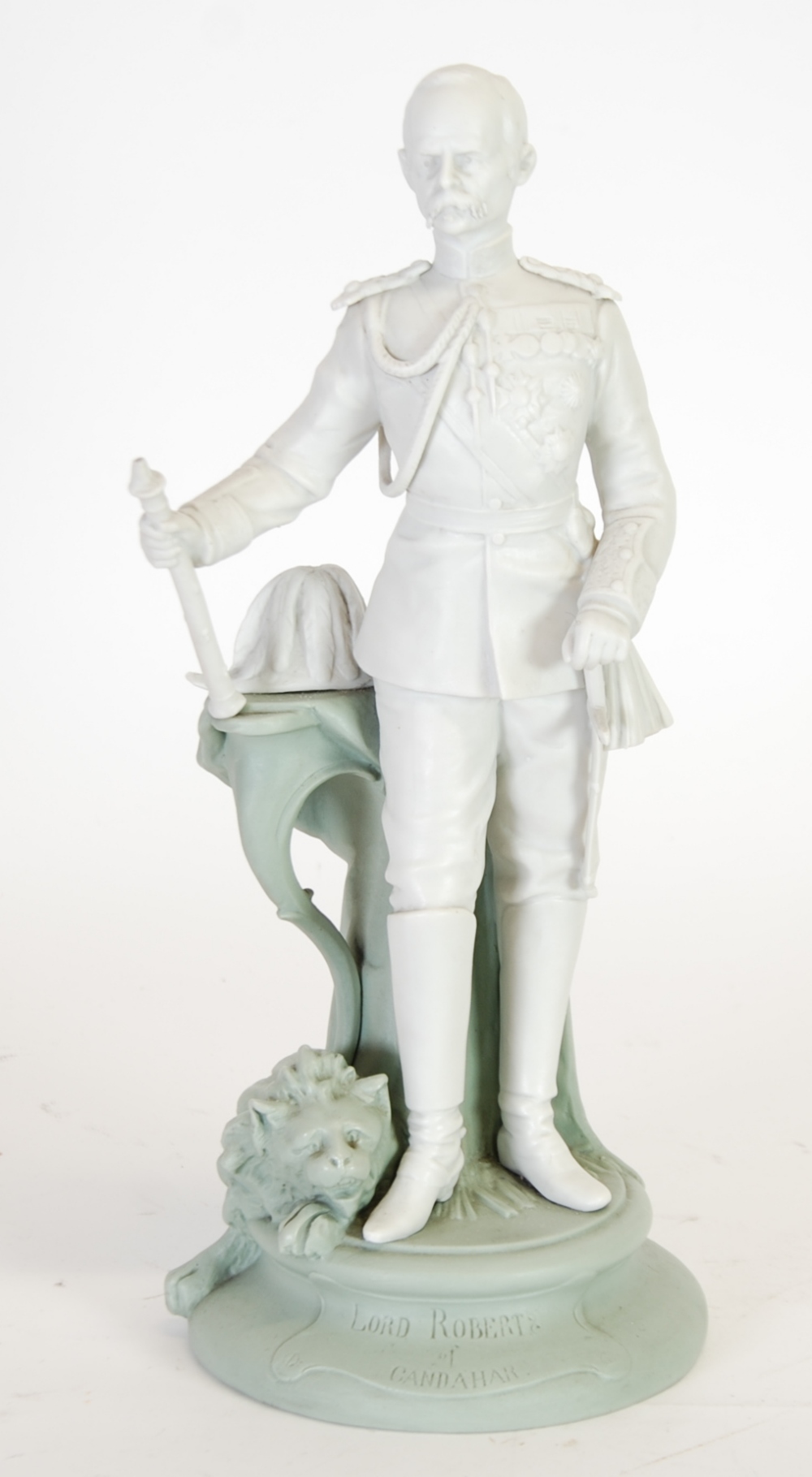 GERMAN GREEN AND WHITE PARIAN FIGURE OF LORD ROBERT OF GANDAHAR, modelled standing in military