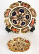 TWO ROYAL CROWN DERBY JAPAN PATTERN (1128) CHINA SHALLOW CIRCULAR DISHES with scalloped borders, 6