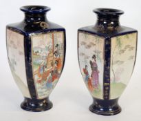 A PAIR OF JAPANESE LATE MEIJI PERIOD KIOTO FAYENCE SQUARE OVOID VASES, with waisted necks,