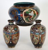 JAPANESE LATE MEIJI PERIOD CLOISONNE JARDINIERE,  of typical form, decorated in colours with panels