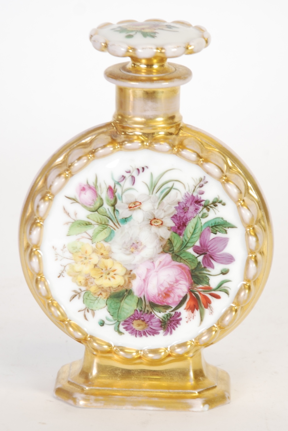 NINETEENTH CENTURY FRENCH PORCELAIN  FLATTENED CIRCULAR PERFUME FLASK with mushroom stopper, well