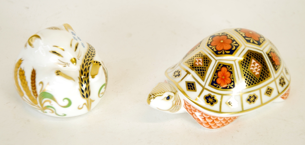 TWO MODERN ROYAL CROWN DERBY ANIMAL PATTERN IMARI CHINA PAPER WEIGHTS WITH GILT STOPPERS, TORTOISE