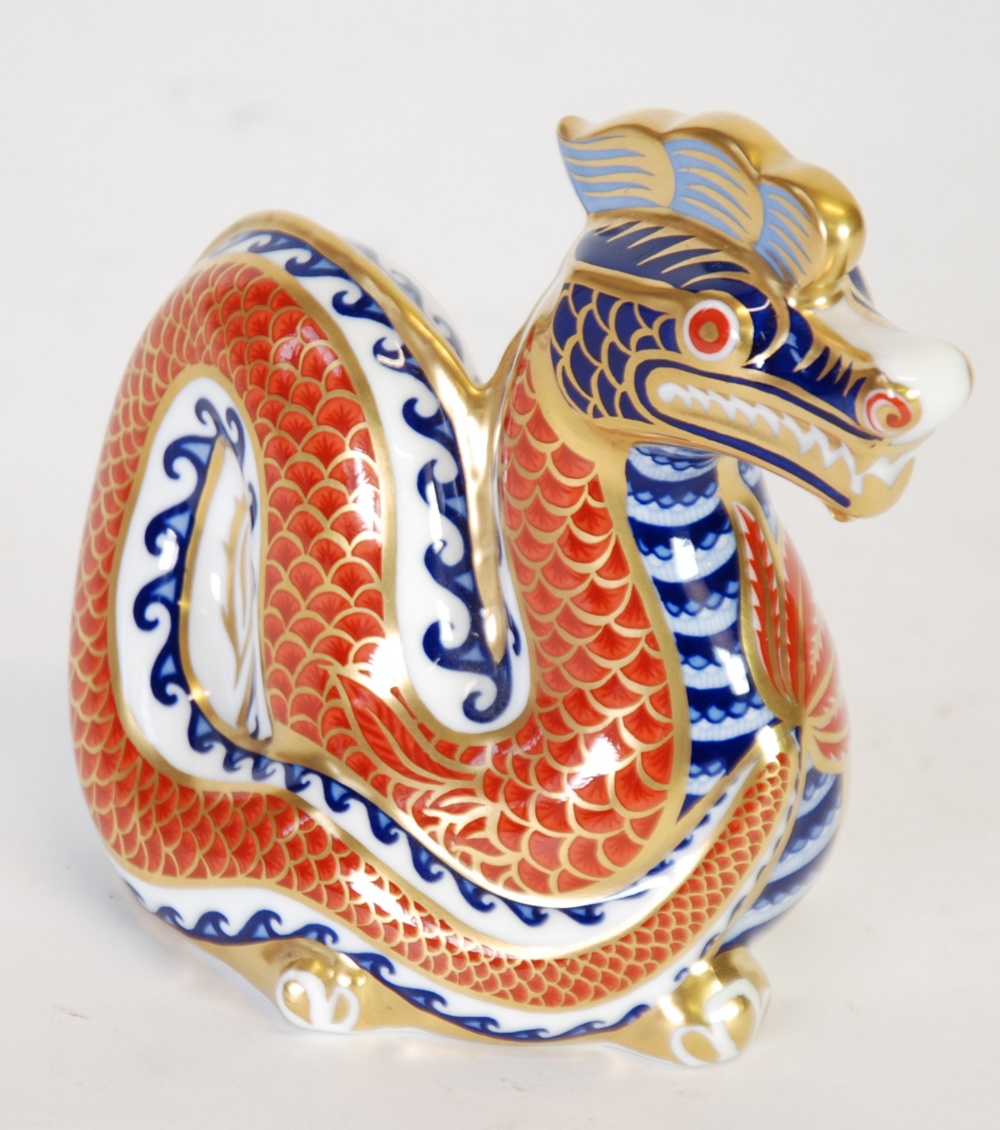 MODERN ROYAL CROWN DERBY DRAGON PATTERN IMARI CHINA PAPERWEIGHT WITH GILT STOPPER, 4 1/2"" (11.4cm)