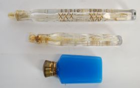 NINETEENTH CENTURY OPAQUE BLUE PERFUME FLASK, with hinged brass top, 3 1/4"" (8.3cm) high TOGETHER