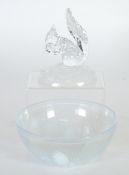 LALIQUE STYLE MOULDED OPALESCENT AND BLUE STAINED GLASS BOWL of footed steep sided form, embossed