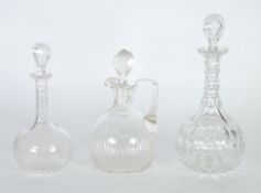 FACET CUT GLOBE AND SHAFT GLASS DECANTER AND STOPPER, ANOTHER SMALLER engraved with ferns and an
