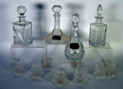 HEAVY SQUARE CUT GLASS SPIRIT DECANTER AND STOPPER, TOGETHER WITH A NEAR MATCHING SET OF SIX