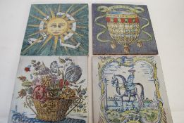 NINE LARGE GLAZED TERRACOTTA PICTORIAL TILES, each individually decorated after the antique, with