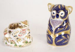 TWO MODERN ROYAL CROWN DERBY ANIMAL PATTERN IMARI CHINA PAPER WEIGHTS WITH SILVER STOPPERS, `Old