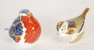 TWO MODERN ROYAL CROWN DERBY BIRD PATTERN IMARI CHINA PAPER WEIGHTS WITH GILT STOPPERS, 2 3/4"" (