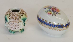 DRESDEN, GERMAN, CHINA EGG SHAPED BOX AND COVER, floral printed  with blue and gilt borders, 4"" (