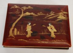 A CHINESE ALBUM OF WATERCOLOUR, with red lacquered boards, the front gilt decorated and embossed