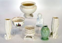 FOUR PIECES OF ROYAL WORCESTER  STYLE CREAM GLAZED PORCELAIN, comprising; PAIR OF CORN PATTERN