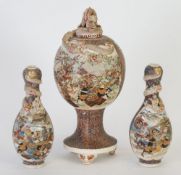 JAPANESE MEIJI PERIOD THREE PIECE SATSUMA POTTERY GARNITURE, comprising; PEDESTAL VASE,  WITH