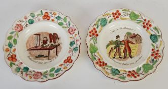 A PAIR OF EARLY NINETEENTH CENTURY CREAMWARE PLATES, each with printed and painted design to the