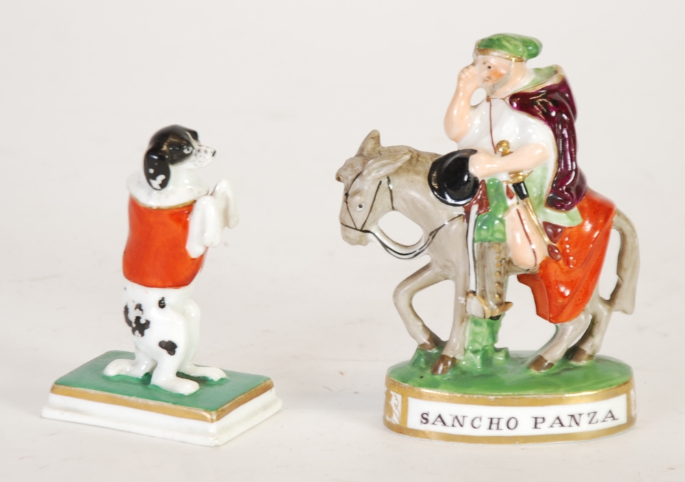 NINETEENTH CENTURY STAFFORDSHIRE PORCELAIN MODEL OF A BEGGING DOG, wearing a red coat, on oblong