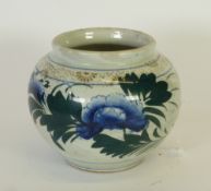 LATE NINETEENTH CENTURY JAPANESE PORCELLANEOUS COMPRESSED ORBICULAR VASE, decorated in blue and