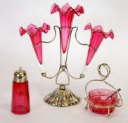 NINETEENTH CENTURY CRANBERRY GLASS AND ELECTROPLATED THREE VASE EPERGNE, the trumpet shaped vases