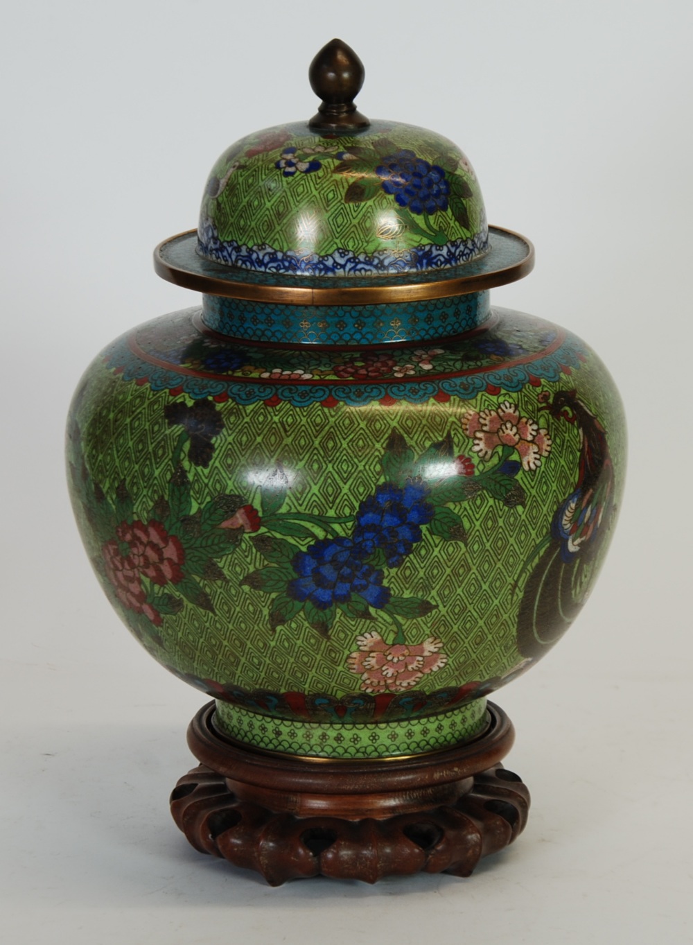 NINETEENTH CENTURY CHINESE CLOISONNE SHOULDERED ORBICULAR JAR WITH DOMED COVER, decorated with two