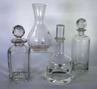 STYLISH DARTINGTON GLASS SPIRIT DECANTER AND STOPPER, TWO OTHERS AND A VASE, 10"" (25.4cm) high and