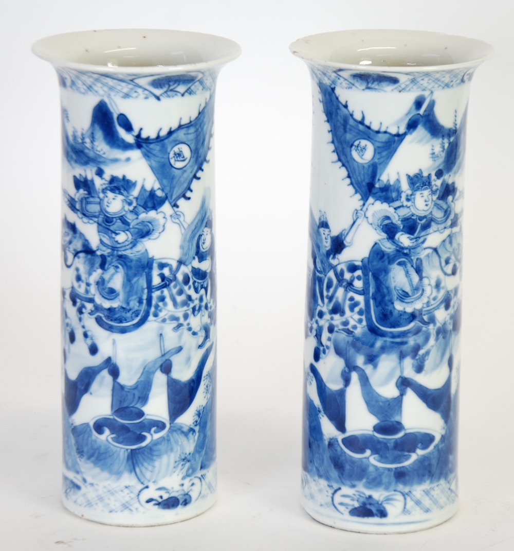 PAIR OF 20th CENTURY CHINESE BLUE AND WHITE PORCELAIN SLEEVE VASES with flared rims, painted with
