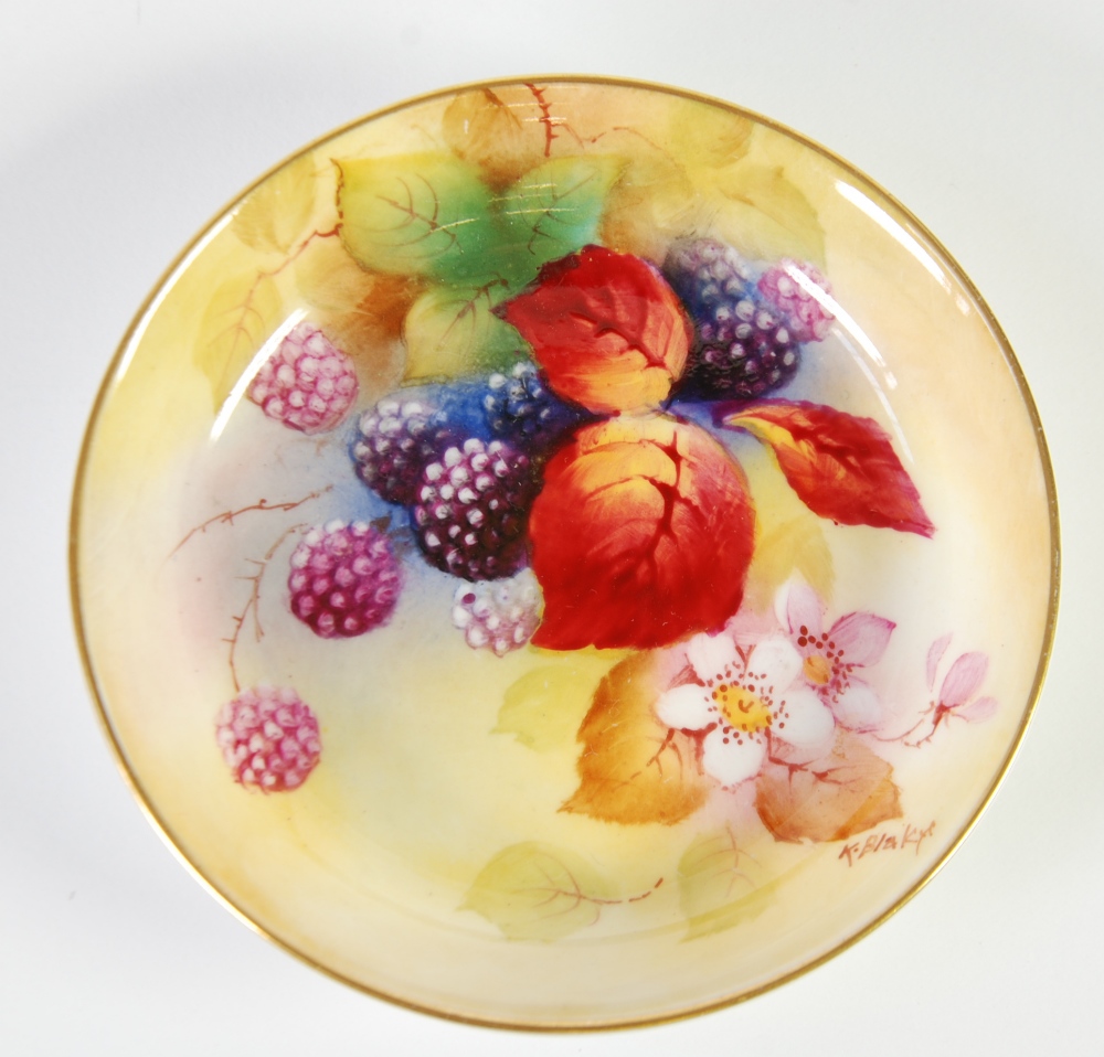 A ROYAL WORCESTER HAND PAINTED PORCELAIN PIN TRAY by Kitty Blake, decorated  with blackberries,