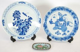 TWO NINETEENTH CENTURY STYLE CHINESE BLUE AND WHITE PORCELAIN PLATES, one painted with precious