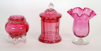 THREE PIECES OF NINETEENTH CENTURY CRANBERRY GLASS, comprising;  CYLINDRICAL BISCUIT BARREL  and