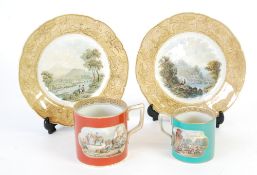 FOUR PIECES OF NINETEENTH CENTURY PRATT POTTERY, comprising; TWO MUGS, printed with Genre scenes,