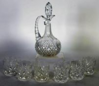 MODERN WHITEFRIARS CUT GLASS EWER AND STOPPER, TOGETHER WITH A SET OF  SIX NEAR MATCHING TUMBLERS