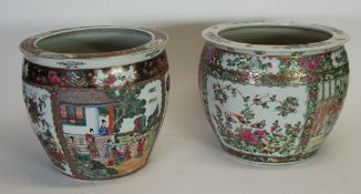 NEAR PAIR OF TWENTIETH CENTURY CHINESE FAMILLE ROSE ENAMELLED PORCELAIN FISH BOWLS, typical form,