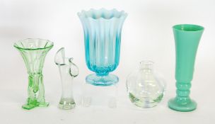 VICTORIAN BLUE VASELINE GLASS MOULDED CELERY VASE, 7 1/4"" (18.4cm) (chip to foot)  TOGETHER WIT HA